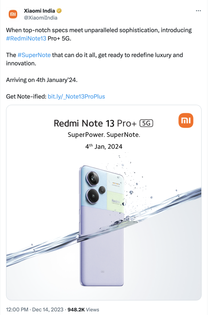 Redmi note 13 pro plus will be launched on 4th January in India