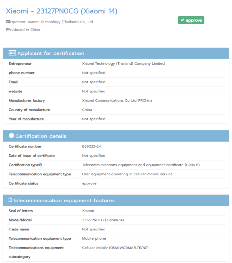 Xiaomi 14 might be launched globally as we discovered the device received NBTC certification in Thailand
