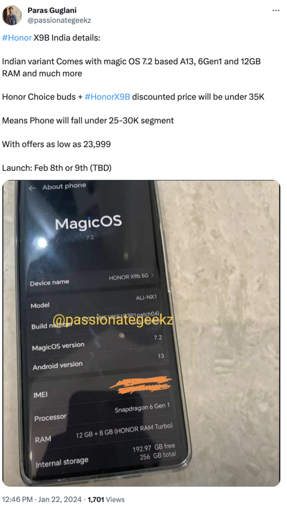 Paras leaked Honor X9b 5G: India price, specs, and launch date