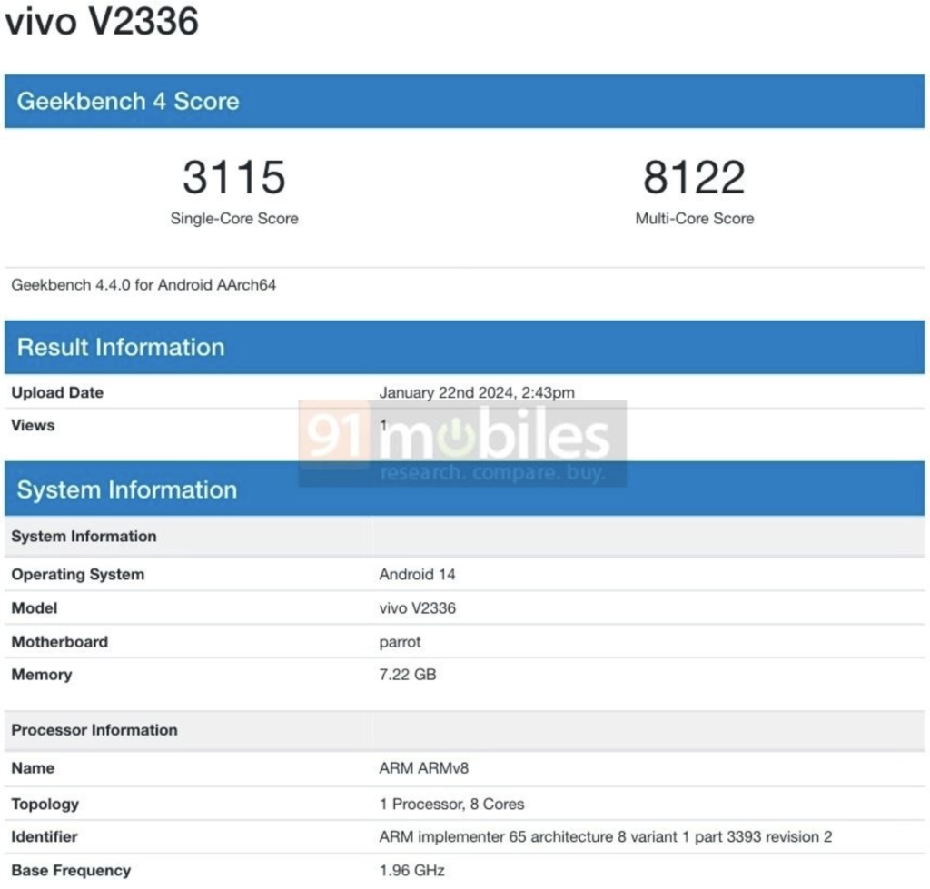 91Mobiles spotted Vivo Y200e with model number V2336 in the GeekBench database