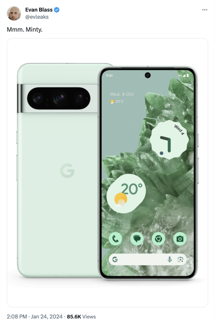 Evan posted Google Pixel 8 Pro's Minty Fresh color variant image on his X account. Leaking the device 1 day before official launch
